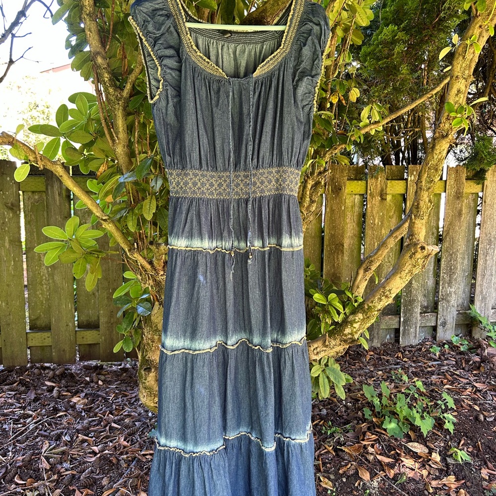 Indigo & Lace  Denim Blue Maxi Dress with smocked tan trim. Scoop neck plus size